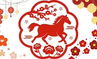 A red horse gallops across the image with a variety of red decorative motifs and flowers around the edges of the page. 