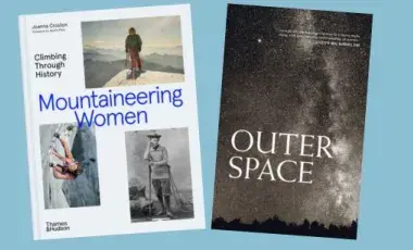 image of two book covers,  Outer Space: 100 Poems edited by Midge Goldberg and an excerpt from Mountaineering Women by Joanna Croston.