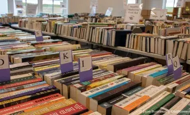 Assorted books displayed for a book sale