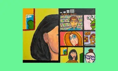 Rudy Rucker painting of a Zoom meeting