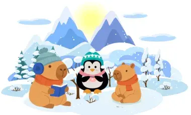 A capybara reading a book to a penguin and smaller capybara outdoors in the snow. 