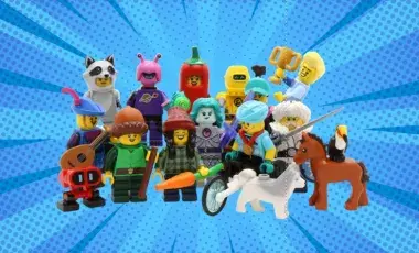 LEGO character and animals gathered together against a blue comic strip background. 