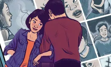 Illustrated image of a woman leaning on a man 