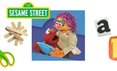 A collage of different craft tools, letters and Sesame Street logo