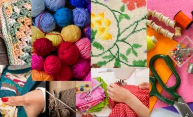Collage of various kinds of fiber arts crafts