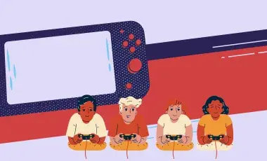 Illustration of a nintendo switch and 4 kids holding game controllers.