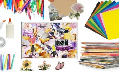 Crafting images that include markers, scissors, glue, tape, paper, magazines, and clippings