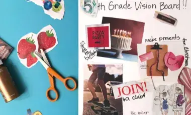 The words Vision Board along with various pictures and tools for making a vision board are in the picture