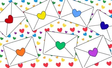A rainbow of hearts spreads across a white background as white envelopes overlap with a variety of heart shaped stickers. 