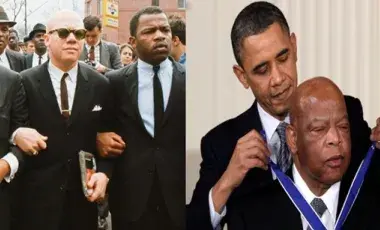 A young John Lewis marches with James Forman and Martin Luther King Jr,; Obama awards Lewis with the Presidential Medal of Freedom