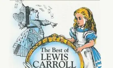 Alice holds a hoop with the title "The best of Lewis Carroll "the rabbit's ears and queen of hearts surround the hoop