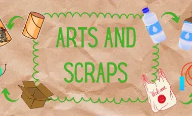 Collage with upcycled craft projects and the text "Arts and Scraps" on a brown paper background.
