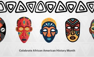 Five African masks with the words Celebrate African American History Month written underneath