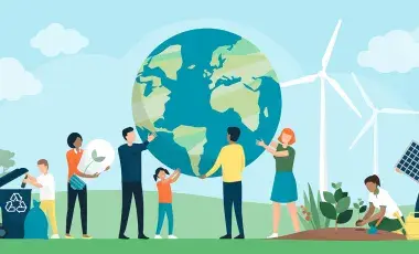 various people hold up the earth while showing green technology such as solar energy and a recycling trash bin