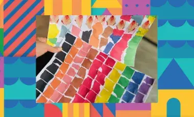 Colorful shaped tiles bordering a real life image of two art pieces made with construction paper, inspired by artist Alma Thomas.