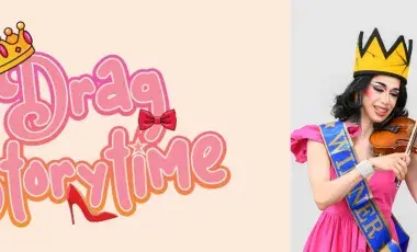Photo of Angelina playing a violin and Drag Queen written in a pink puffy font.