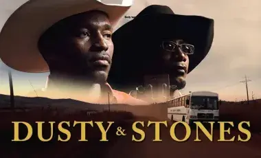 Country musicians Dusty and Stones from Eswatini are shown superimposed above a mural highways, both wearing cowboy hats and looking out into the distance. 