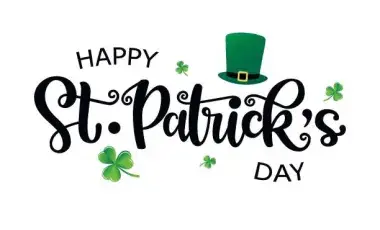 text reads Happy St Patrick's Day with a green top hat and a green clover