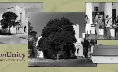 Former location of the Junipero Serra Branch against a light olive green background.  