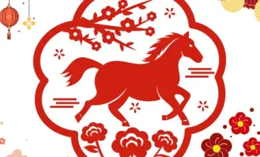 Lunar New Year paper cut out in red with a horse in the foreground and flowers all around the image. 