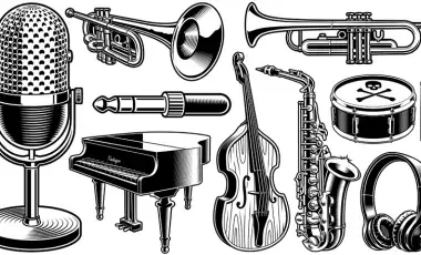 black and white pictures of musical instruments. 
