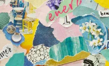 A collage of multicolored paper and fabric with words with positive messages layered in