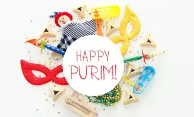 text reads Happy Purim surrounded with colorful masks, pastries, and dolls