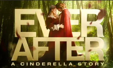 Man and woman embracing with large text over image