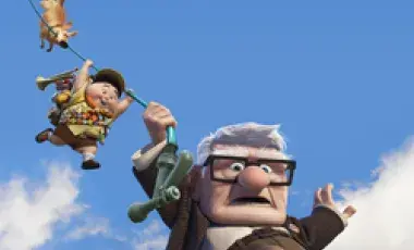 Pixar characters from Up floating in the sky