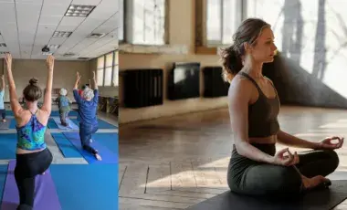 Two photos from a yoga class