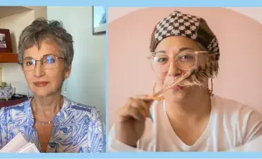 On the left is a photograph of Alicia Viguer-Espert, wearing glasses and a blue and white blouse. On the right is a photograph of Diosa Xochiquetzalcóatl, wearing glasses and a scarf on her head.