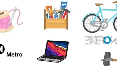 Photo includes a spool of thread, laptop, repair box, LA Metro sign, bicycle and knife sharpening block. 