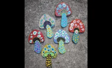 Polka Dotted Mushrooms in art style of Yayoi Kusama.