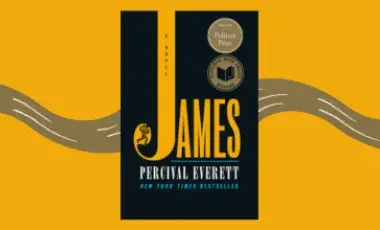 The cover of the book James over a symbolic river on a marigold color background