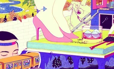 Illustration of a face, twoo feet and a knife