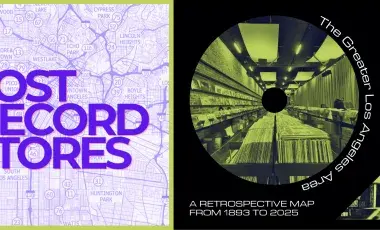 The text "Lost Record Stores" is next to the interior of a record store 