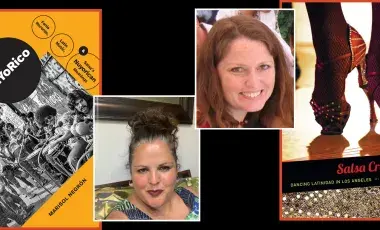 Authors Marisol Negrón And Cindy García are pictured smiling next to their respective books, Made in NuYoRico And Salsa Crossings.