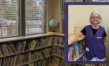Photo of the picture book shelves at the Palms-Rancho Park Branch with an inset portrait photo of Linda