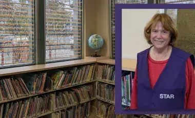 Photo of the picture book shelves at the Palms-Rancho Park Branch with an inset portrait photo of Nancy