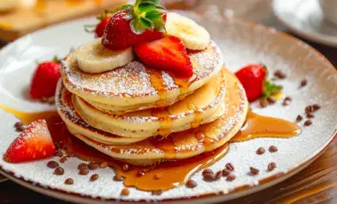 A stack of pancakes with syrup and fruit