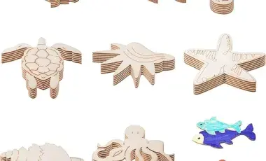 Blank wooden cutouts of ocean animals. 