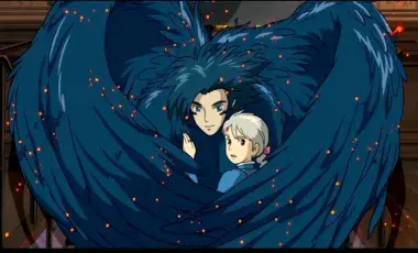 A man and a woman are enclosed in the protective black wings of the man