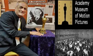 Man sitting holding an Oscar statue with a photo of the Academy awards logo and an old photo from the past of the awards ceremnay 
