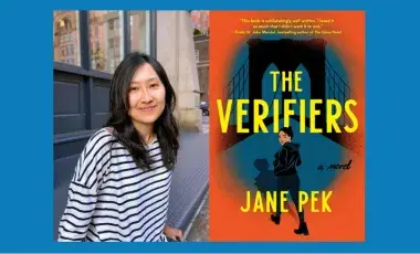 To the left is a photo of the author, wearing a black and white striped shirt. To the right is the cover of the book The Verifiers, with a woman in black walking across a bridge.