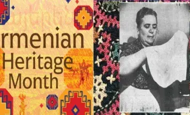 Armenian Heritage Month banner side-by-side with black and white photo of a woman preparing a dough for a recipe. Image courtesy of Dining in Diaspora.