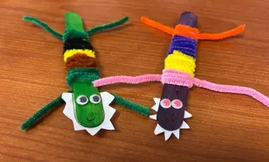 Image is of two popsicles sticks covered by chenille stems that were used to create the body and legs of the alligators. 