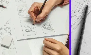 Two hands drawing panels for animation. 
