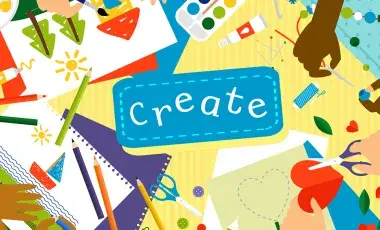 Word "Create" in the center. A top view table with hands cutting paper, painting, sketching and creating.