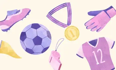 Illustrations of a soccer ball, whistle, jersey, and other sports equipment.