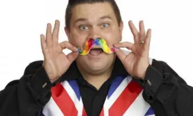 Billy Bonkers with a silly rainbow mustache